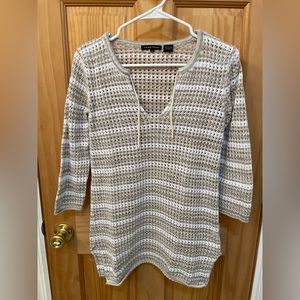 Jeanne Pierre Taupe/Cream and White Striped Sweater Size Medium
